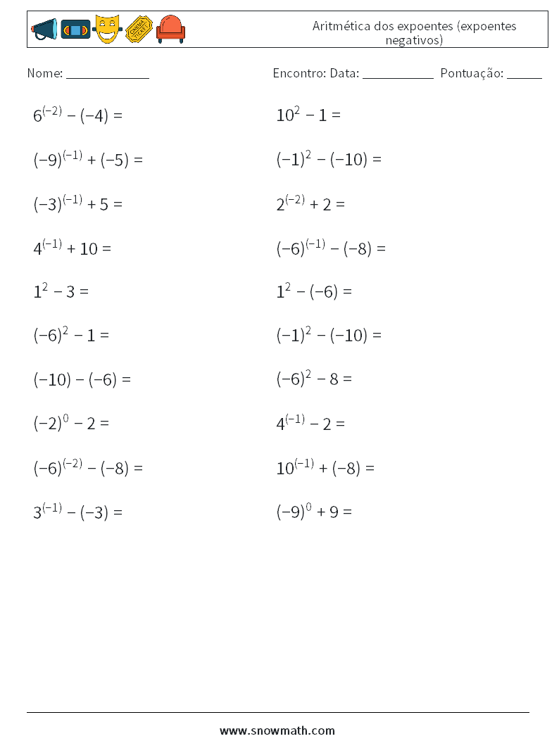  Aritmética dos expoentes (expoentes negativos) planilhas matemáticas 5