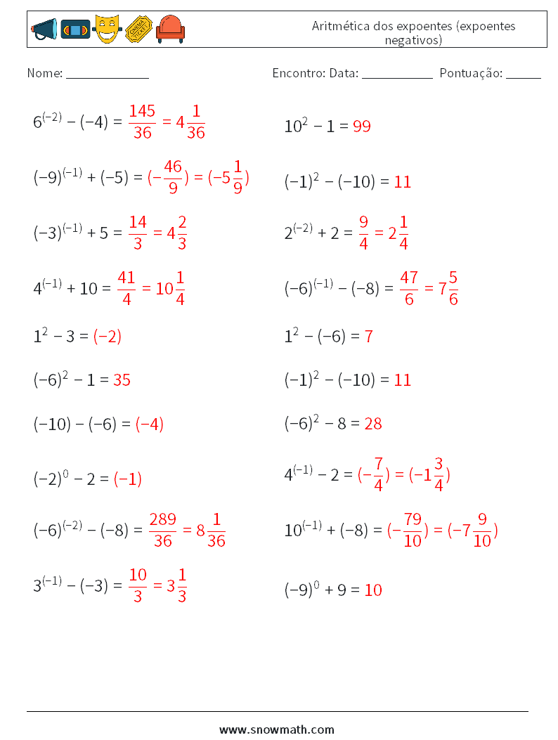  Aritmética dos expoentes (expoentes negativos) planilhas matemáticas 5 Pergunta, Resposta