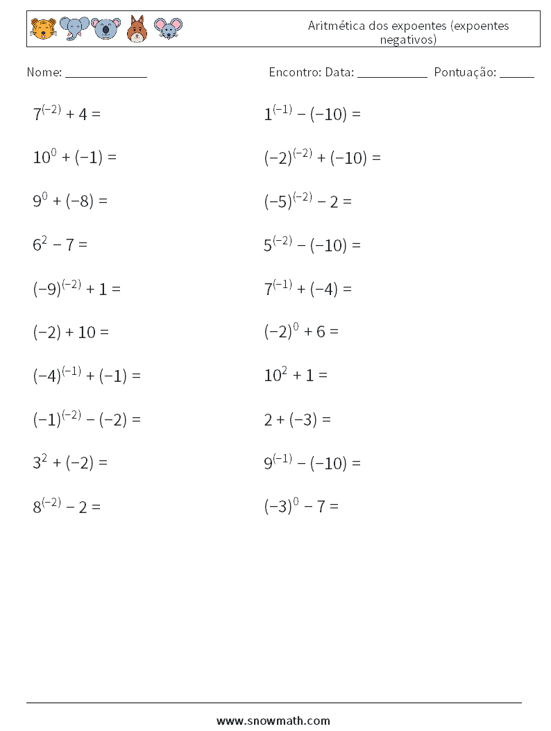  Aritmética dos expoentes (expoentes negativos) planilhas matemáticas 6