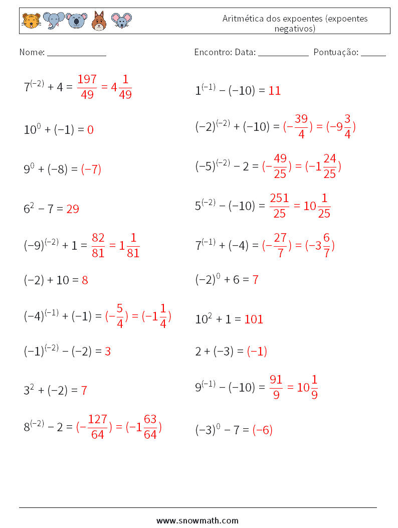  Aritmética dos expoentes (expoentes negativos) planilhas matemáticas 6 Pergunta, Resposta