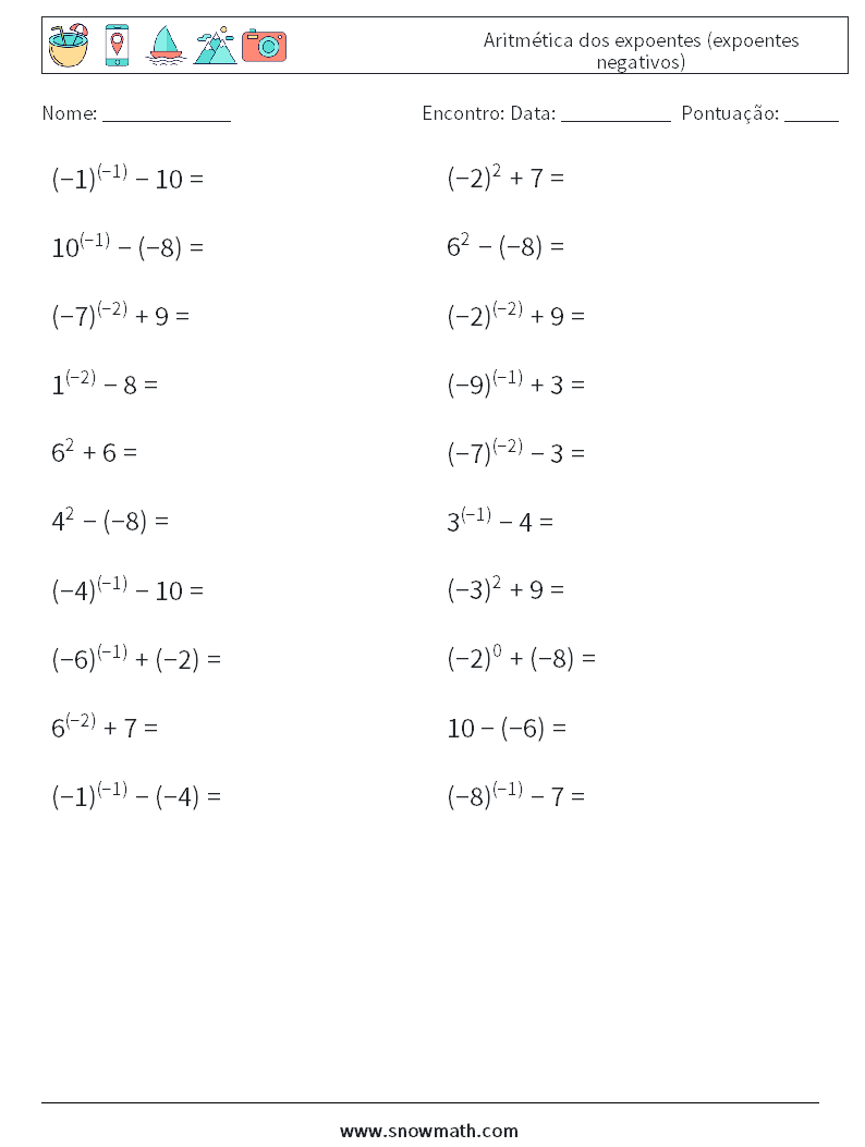  Aritmética dos expoentes (expoentes negativos) planilhas matemáticas 7