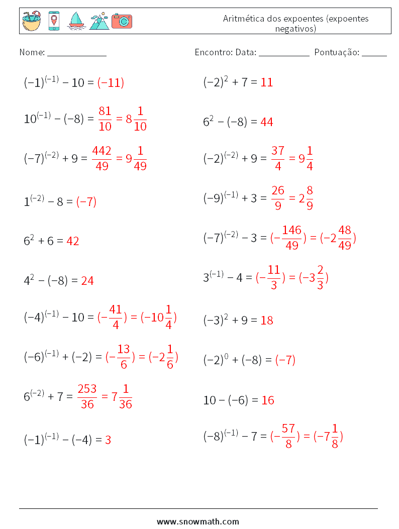  Aritmética dos expoentes (expoentes negativos) planilhas matemáticas 7 Pergunta, Resposta