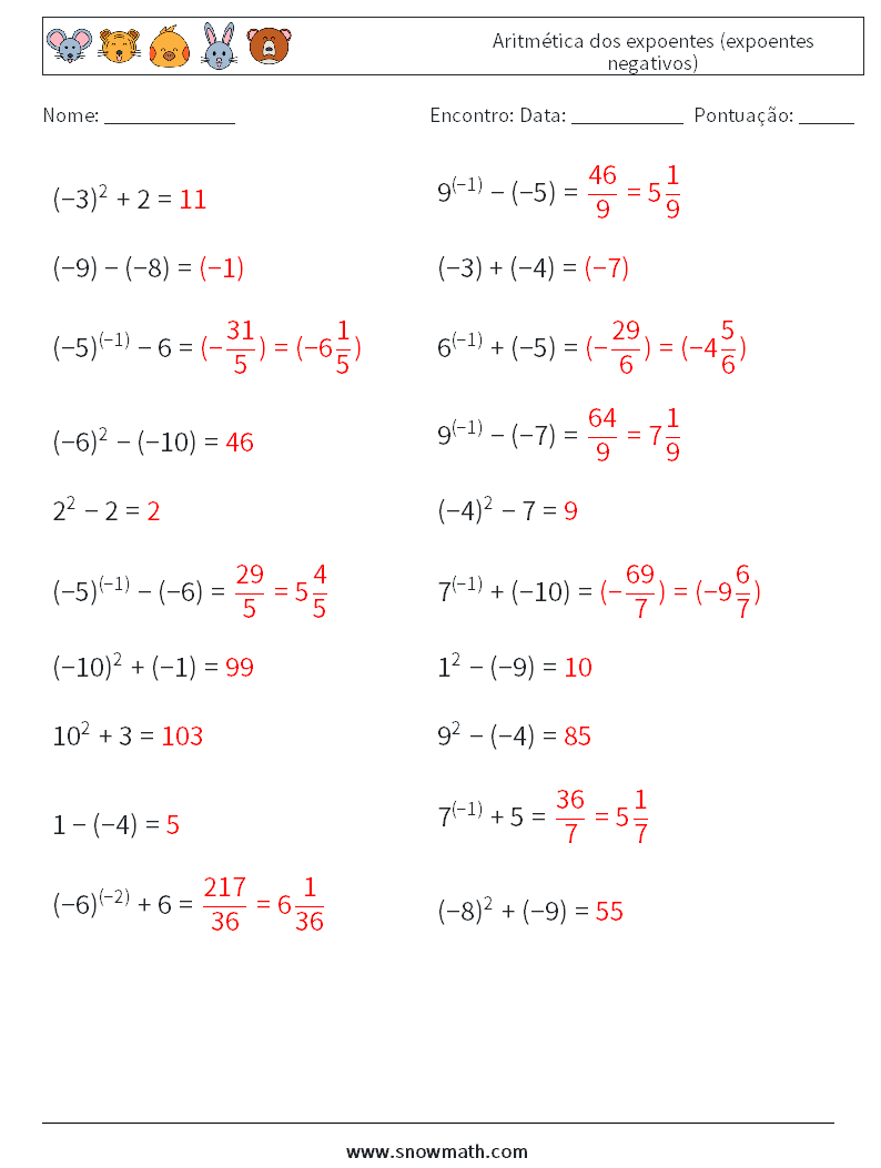  Aritmética dos expoentes (expoentes negativos) planilhas matemáticas 8 Pergunta, Resposta