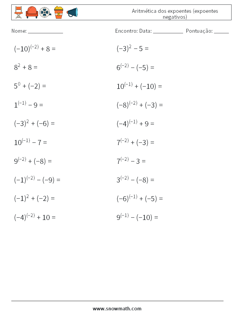  Aritmética dos expoentes (expoentes negativos) planilhas matemáticas 9