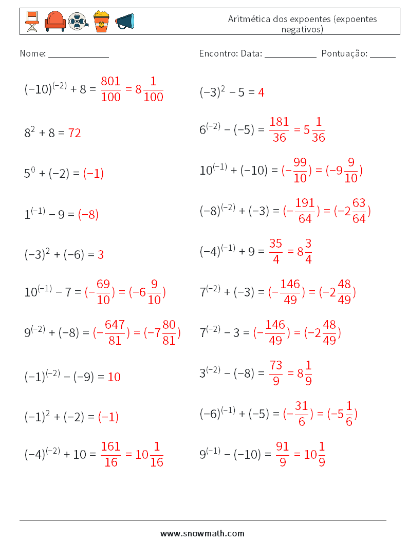  Aritmética dos expoentes (expoentes negativos) planilhas matemáticas 9 Pergunta, Resposta