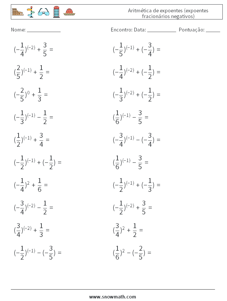  Aritmética de expoentes (expoentes fracionários negativos) planilhas matemáticas 1