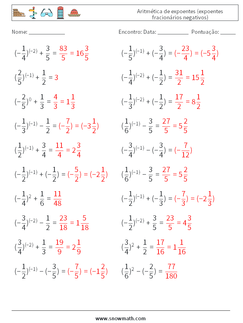  Aritmética de expoentes (expoentes fracionários negativos) planilhas matemáticas 1 Pergunta, Resposta
