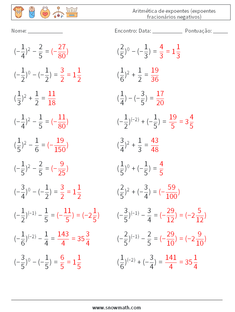  Aritmética de expoentes (expoentes fracionários negativos) planilhas matemáticas 2 Pergunta, Resposta