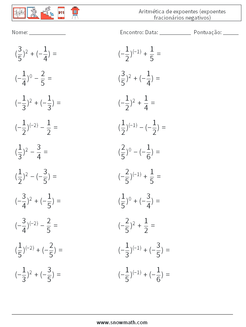  Aritmética de expoentes (expoentes fracionários negativos) planilhas matemáticas 3