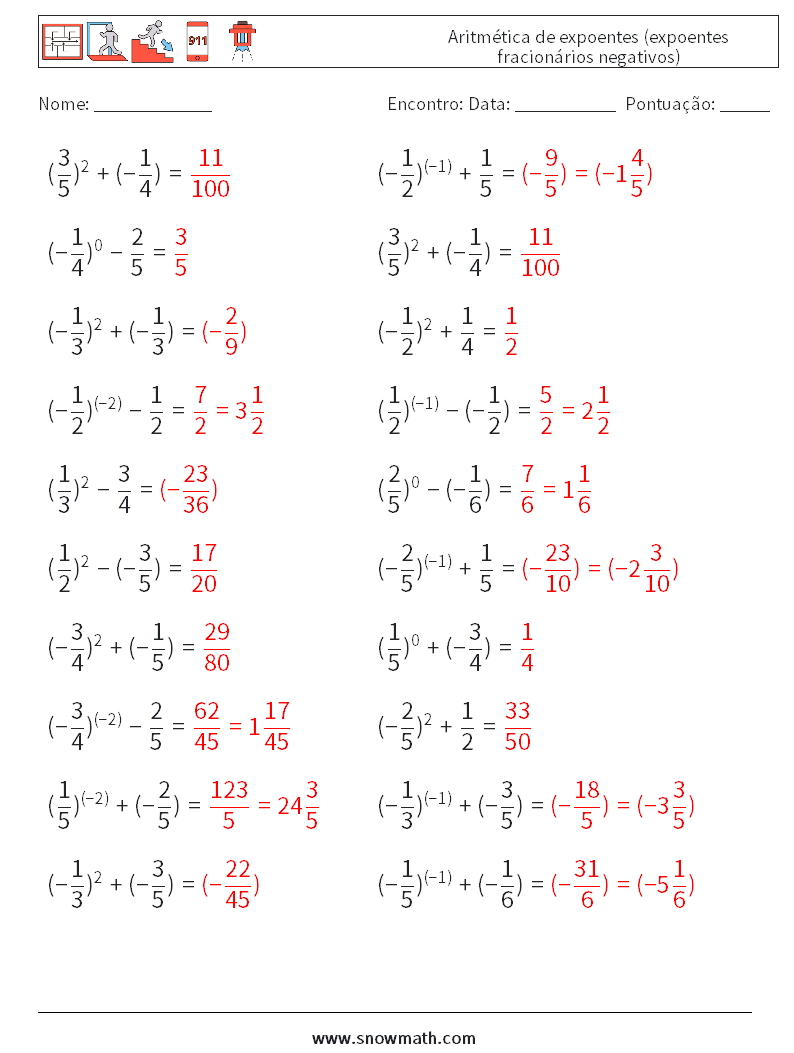  Aritmética de expoentes (expoentes fracionários negativos) planilhas matemáticas 3 Pergunta, Resposta