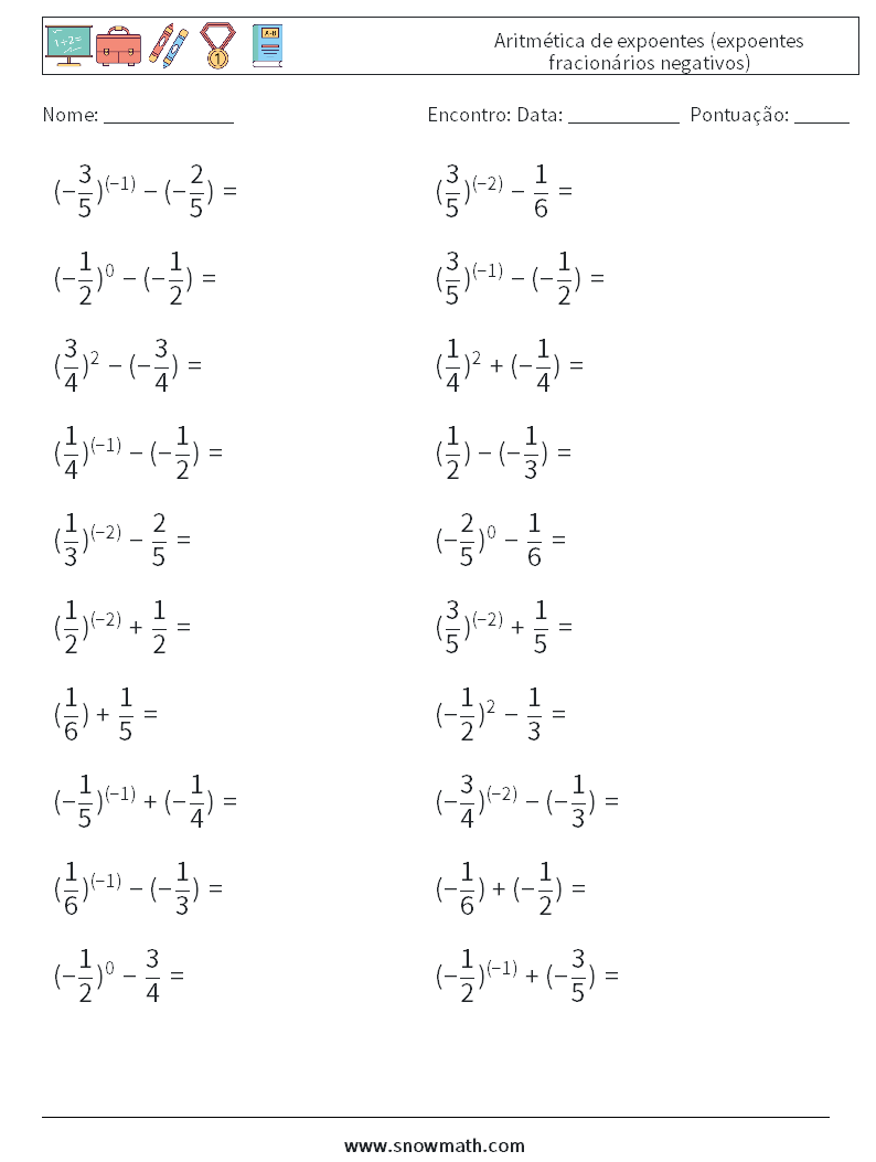  Aritmética de expoentes (expoentes fracionários negativos) planilhas matemáticas 4