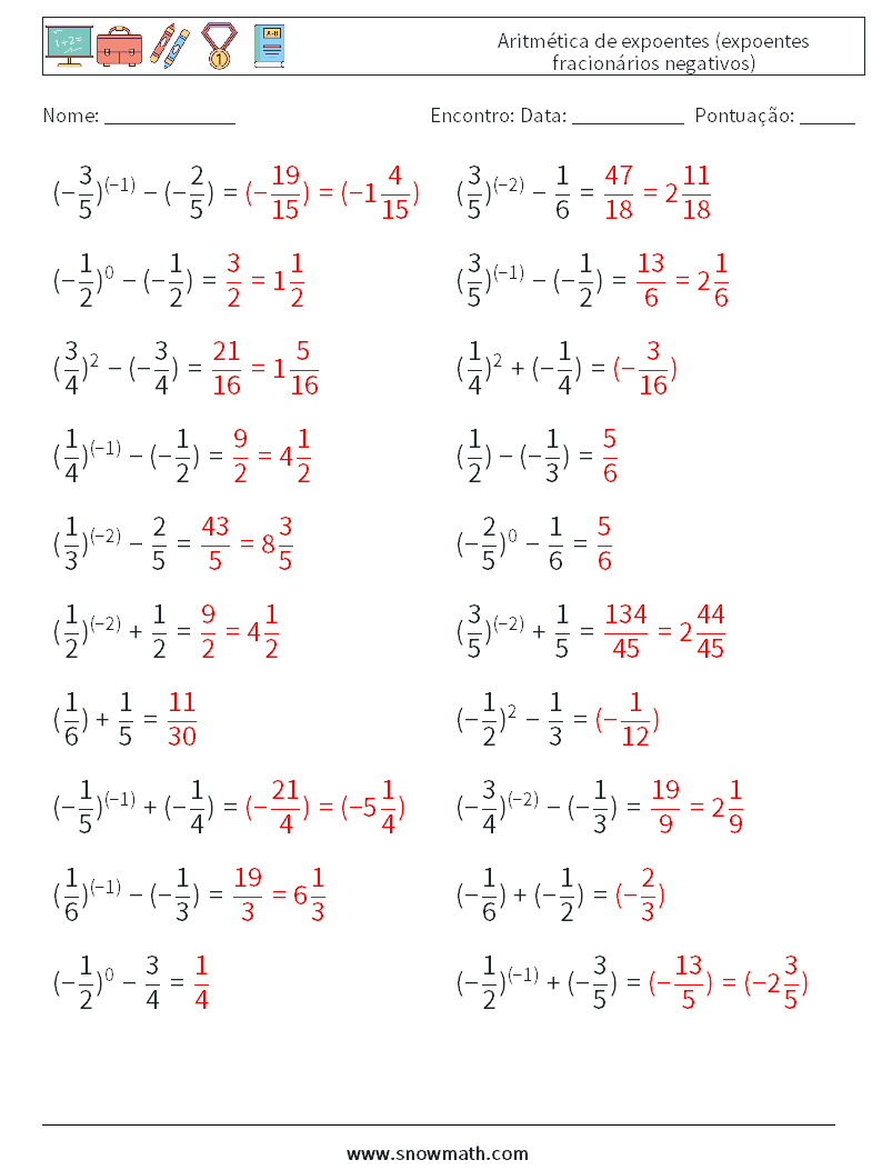  Aritmética de expoentes (expoentes fracionários negativos) planilhas matemáticas 4 Pergunta, Resposta