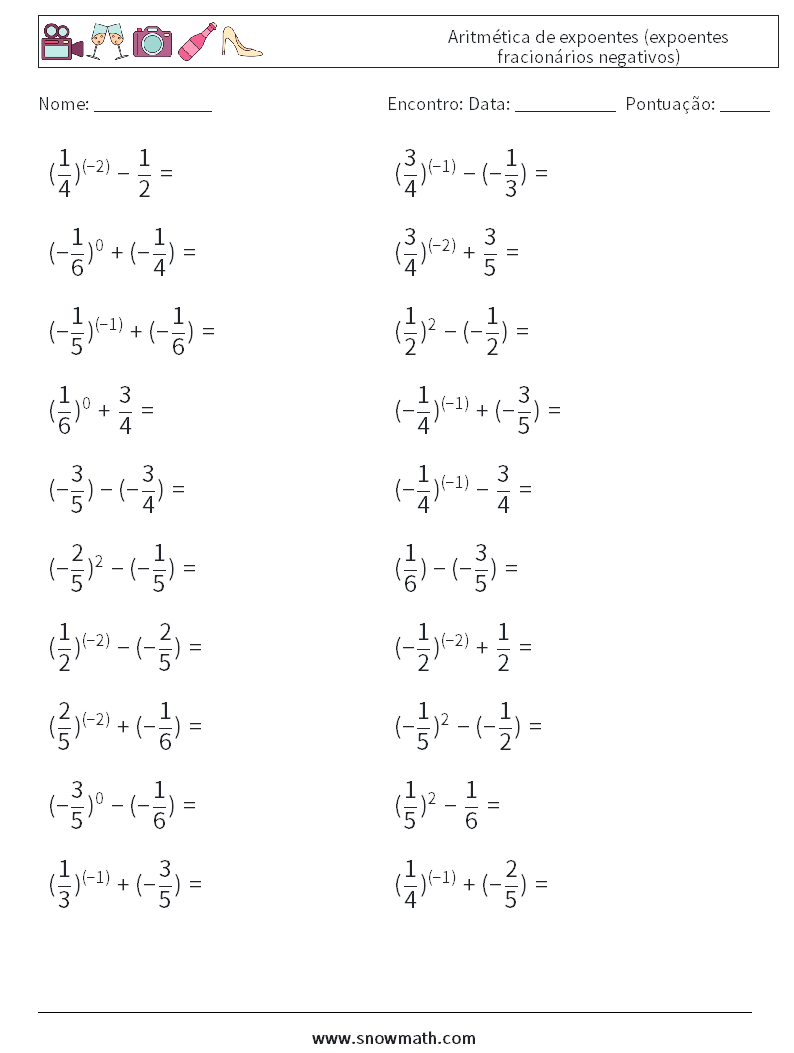  Aritmética de expoentes (expoentes fracionários negativos) planilhas matemáticas 5