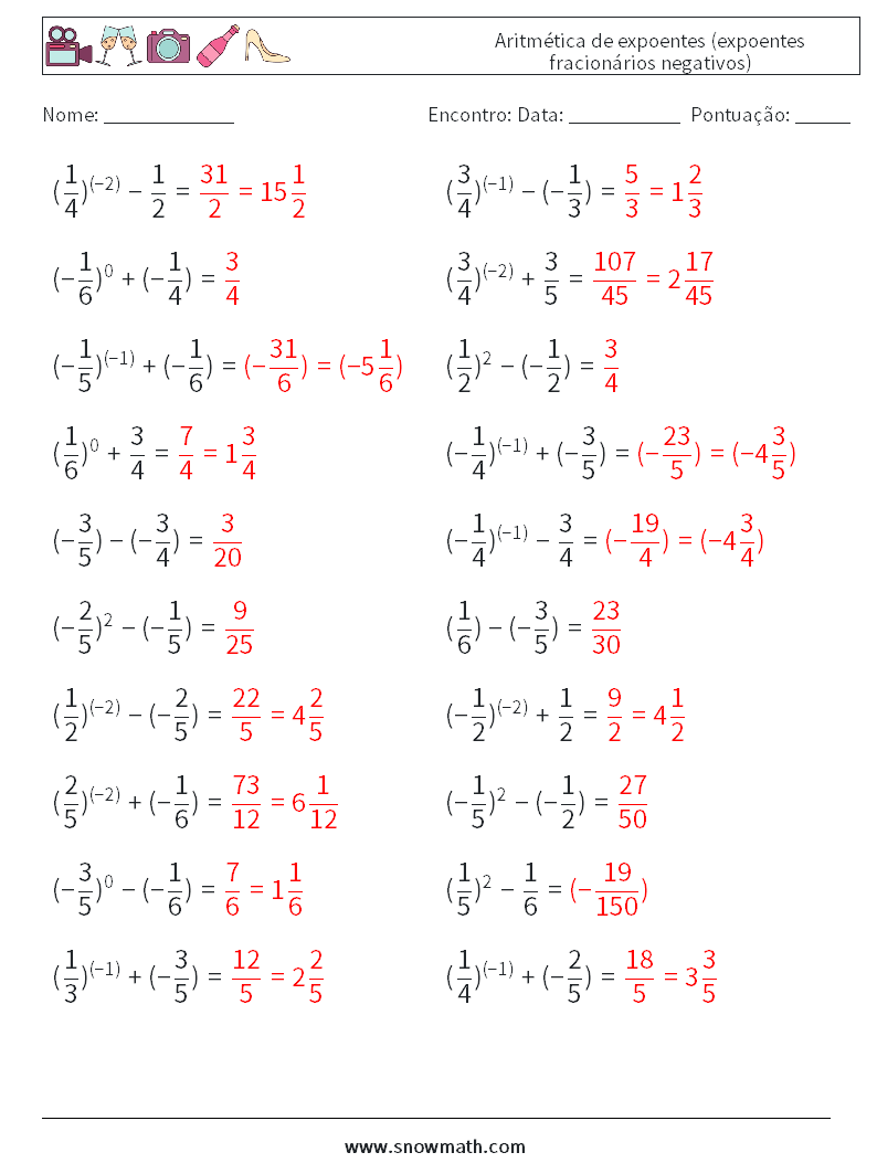  Aritmética de expoentes (expoentes fracionários negativos) planilhas matemáticas 5 Pergunta, Resposta