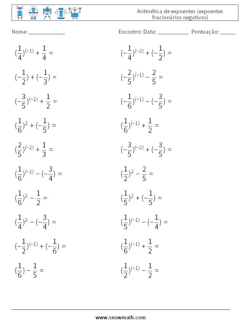  Aritmética de expoentes (expoentes fracionários negativos) planilhas matemáticas 6