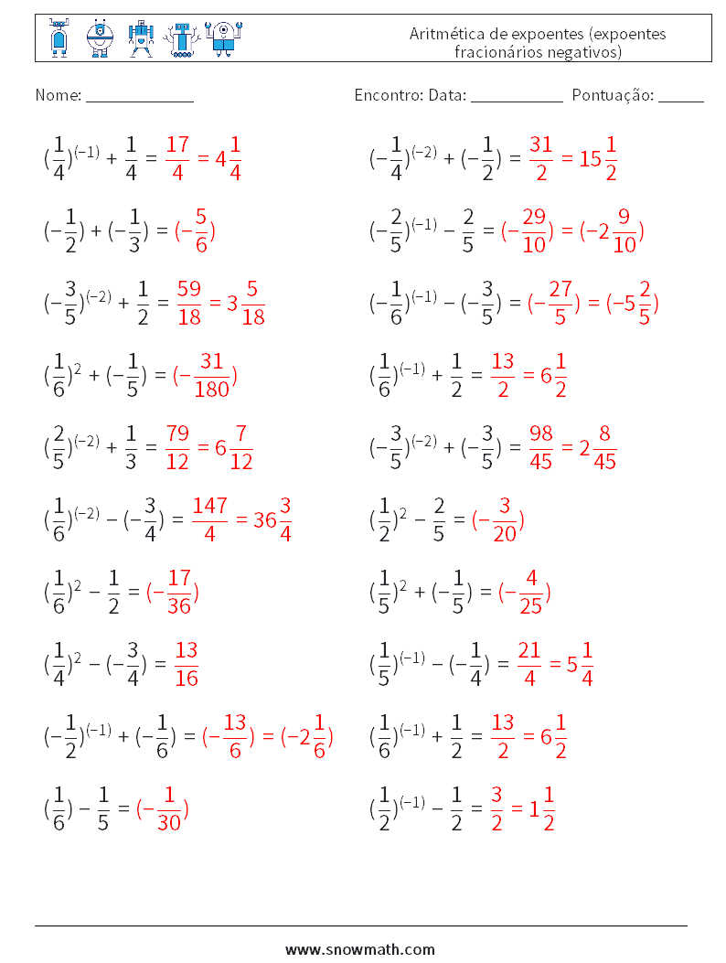  Aritmética de expoentes (expoentes fracionários negativos) planilhas matemáticas 6 Pergunta, Resposta