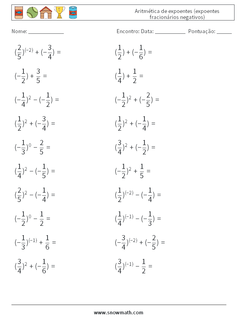  Aritmética de expoentes (expoentes fracionários negativos) planilhas matemáticas 7