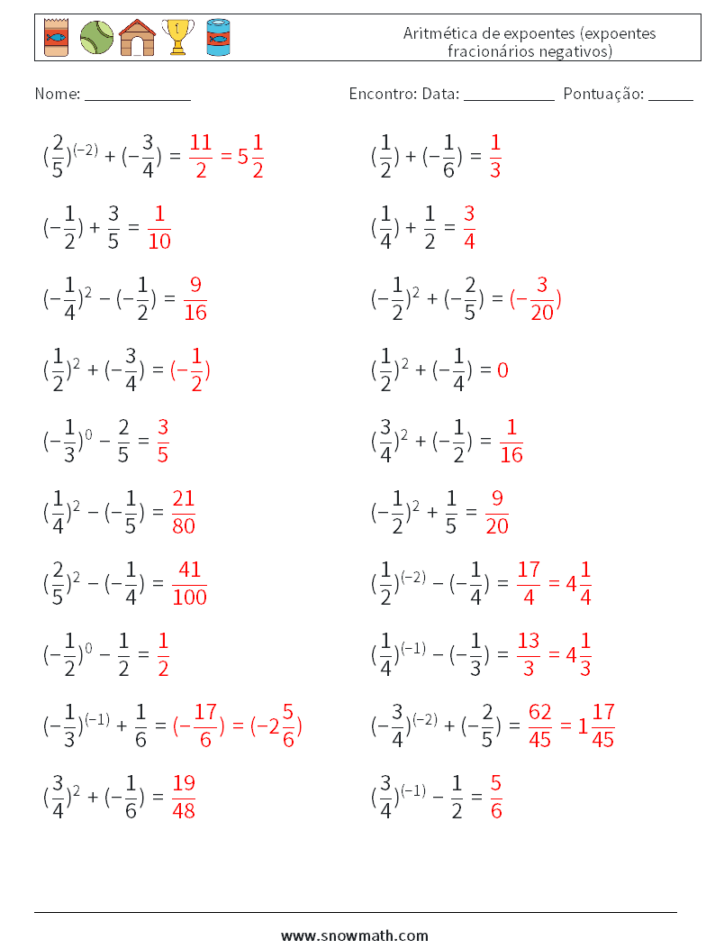  Aritmética de expoentes (expoentes fracionários negativos) planilhas matemáticas 7 Pergunta, Resposta
