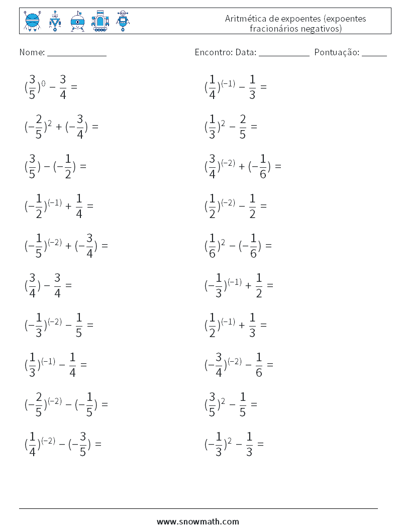  Aritmética de expoentes (expoentes fracionários negativos) planilhas matemáticas 8