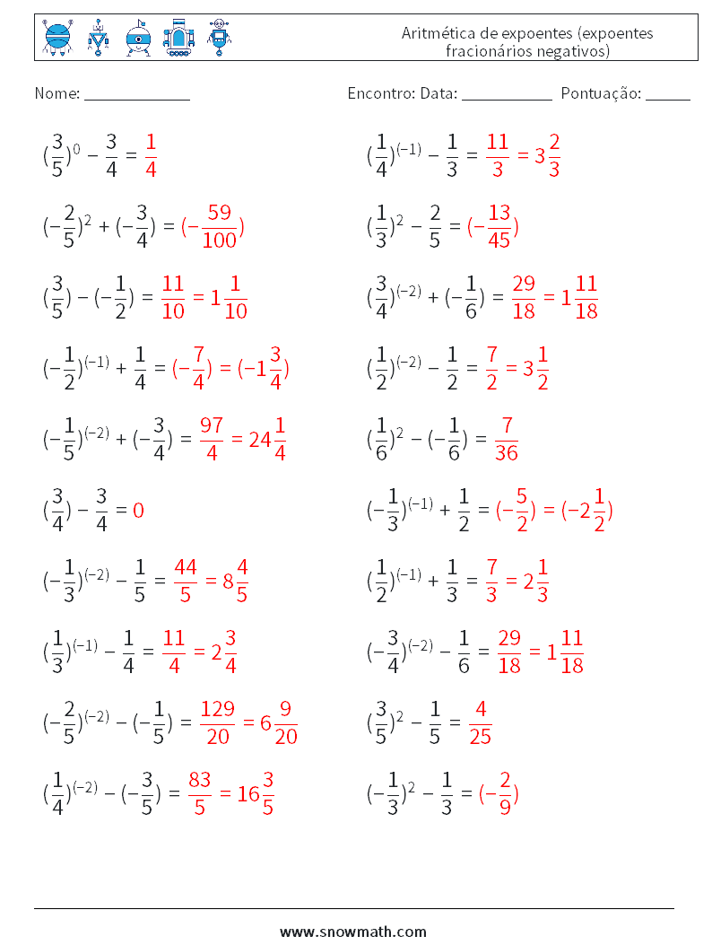  Aritmética de expoentes (expoentes fracionários negativos) planilhas matemáticas 8 Pergunta, Resposta