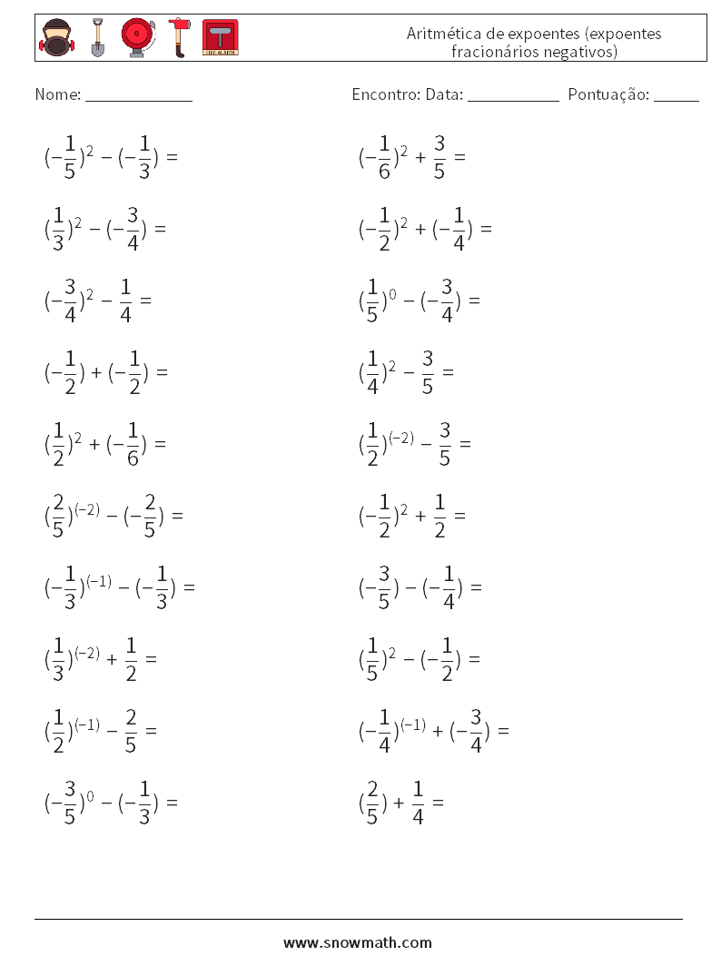  Aritmética de expoentes (expoentes fracionários negativos) planilhas matemáticas 9