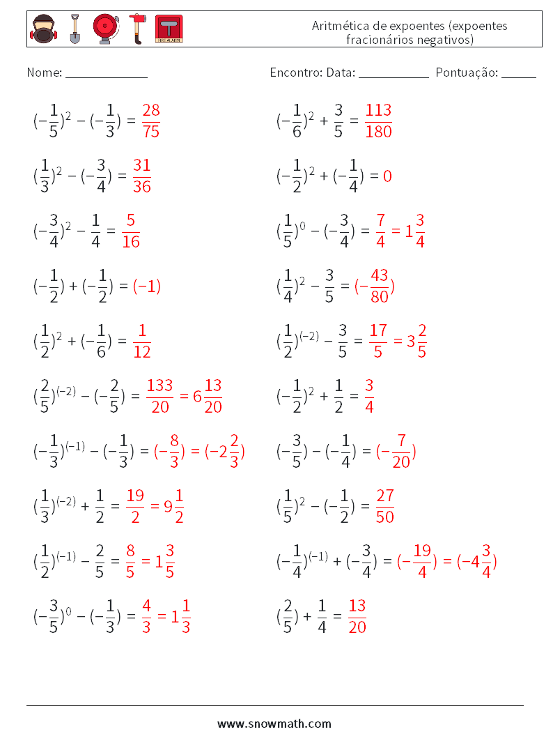  Aritmética de expoentes (expoentes fracionários negativos) planilhas matemáticas 9 Pergunta, Resposta