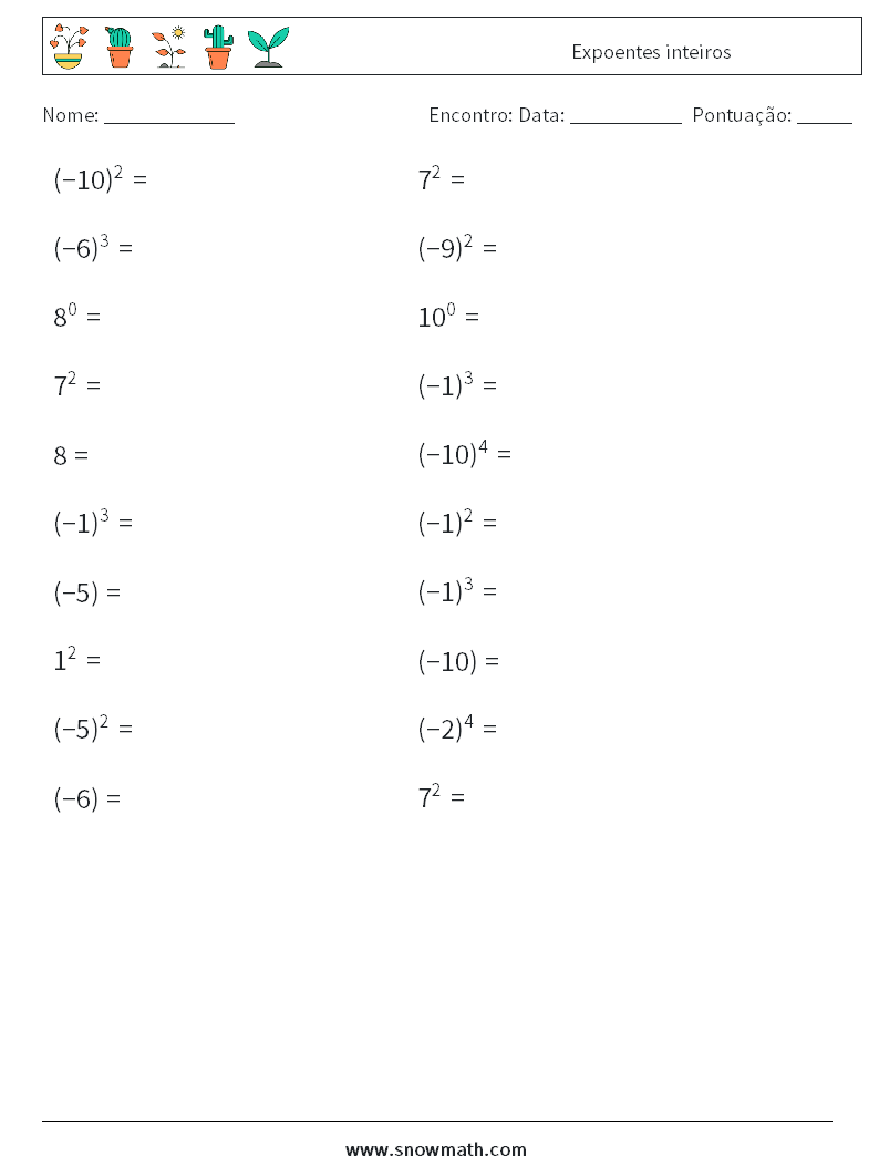 Expoentes inteiros planilhas matemáticas 1