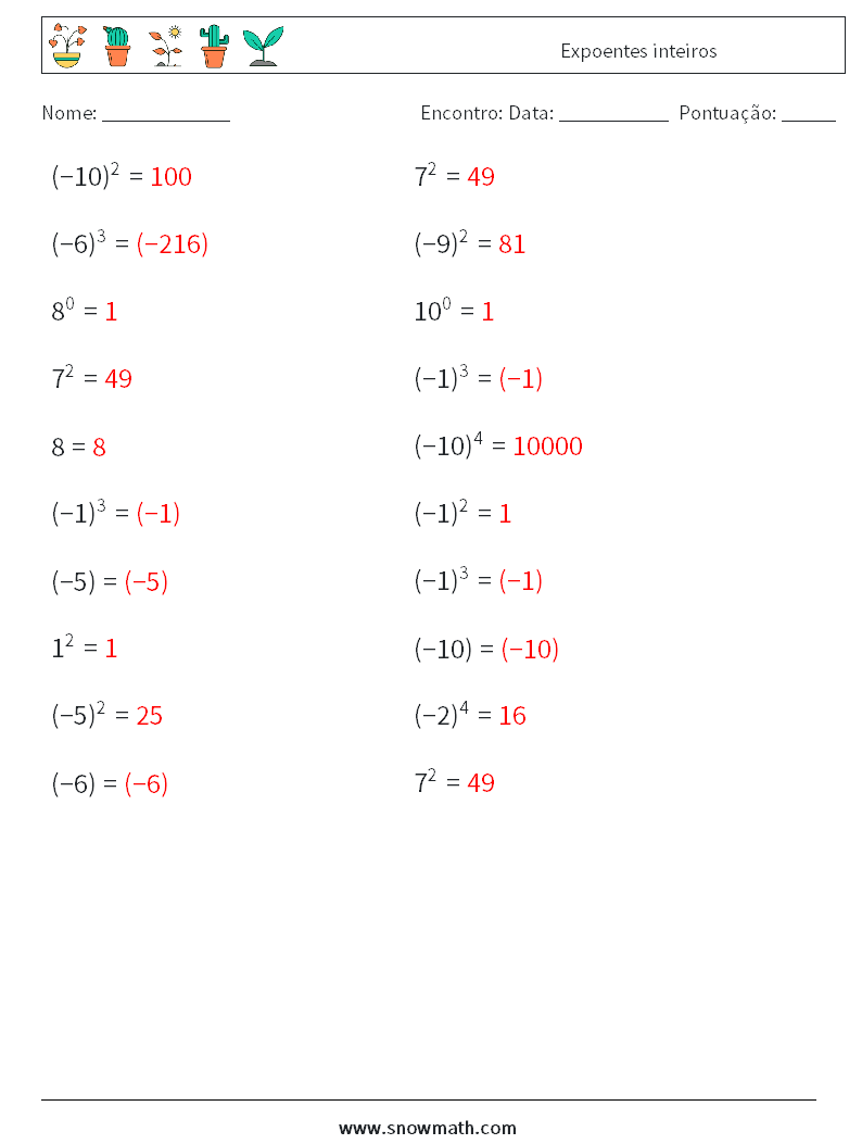 Expoentes inteiros planilhas matemáticas 1 Pergunta, Resposta