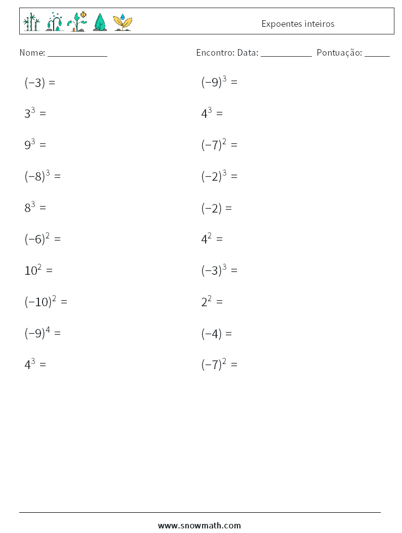 Expoentes inteiros planilhas matemáticas 3