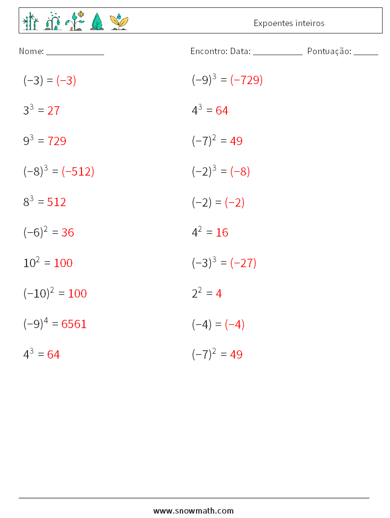 Expoentes inteiros planilhas matemáticas 3 Pergunta, Resposta