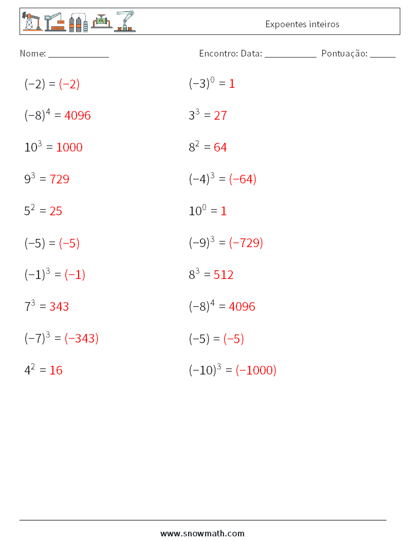 Expoentes inteiros planilhas matemáticas 4 Pergunta, Resposta