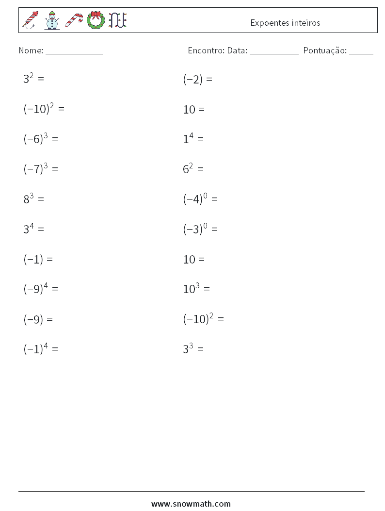 Expoentes inteiros planilhas matemáticas 5