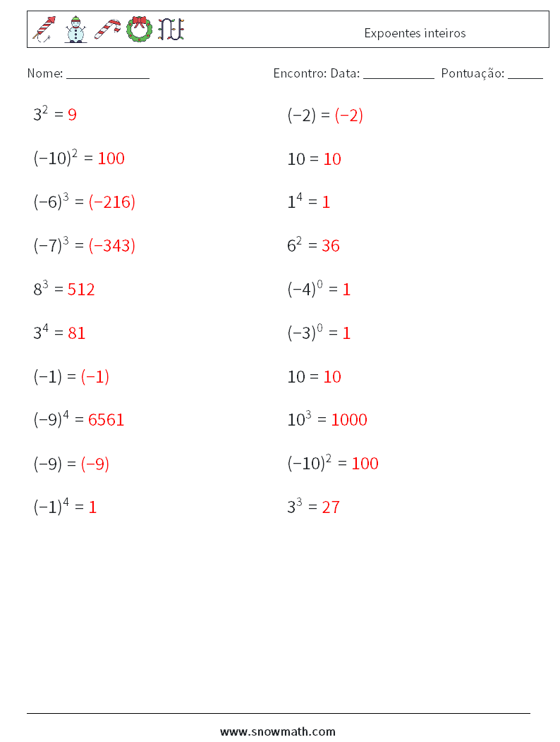 Expoentes inteiros planilhas matemáticas 5 Pergunta, Resposta