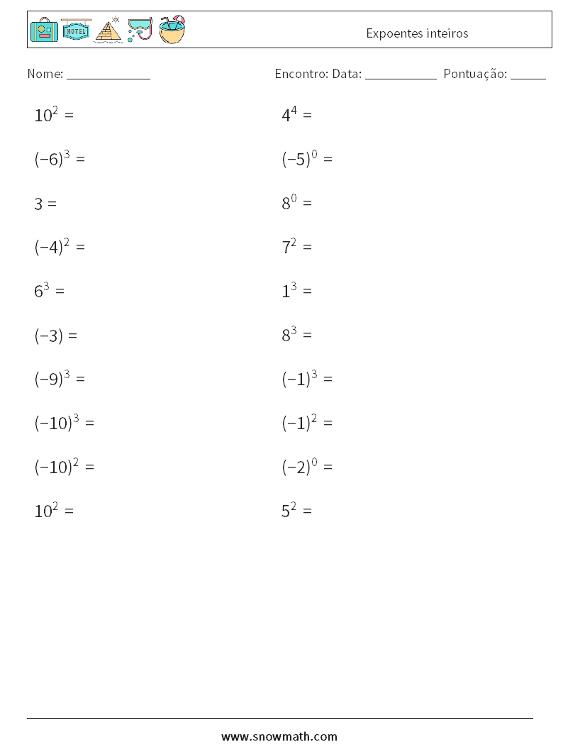 Expoentes inteiros planilhas matemáticas 6