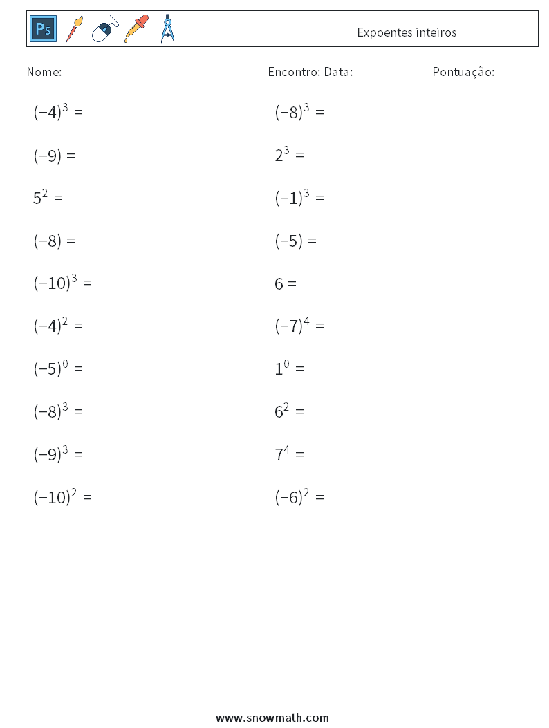 Expoentes inteiros planilhas matemáticas 7