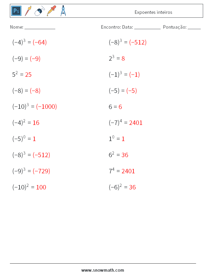 Expoentes inteiros planilhas matemáticas 7 Pergunta, Resposta