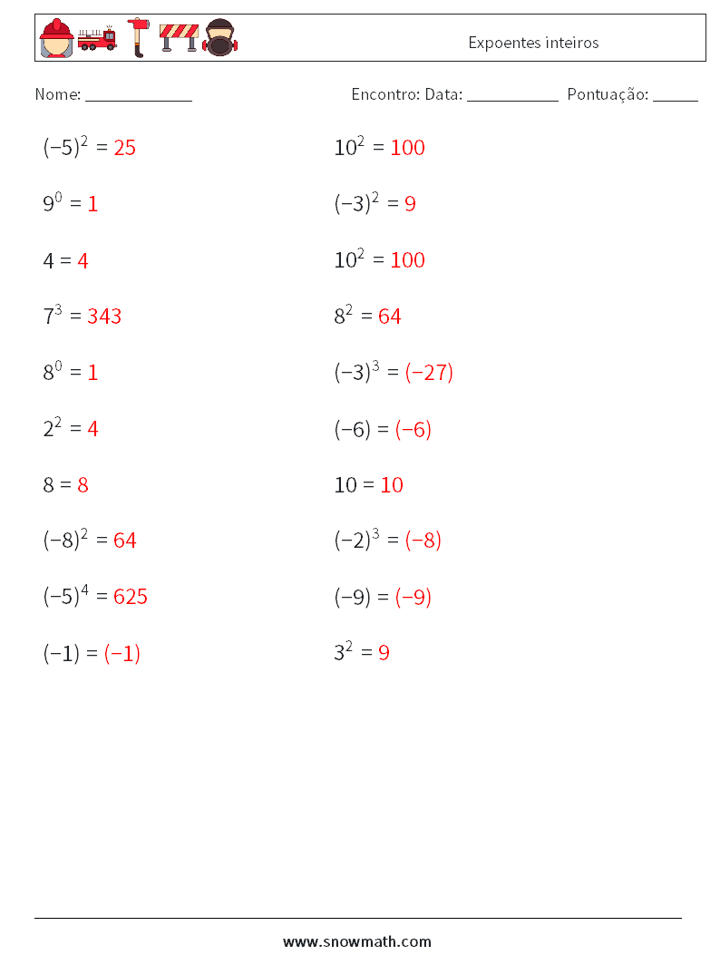 Expoentes inteiros planilhas matemáticas 8 Pergunta, Resposta