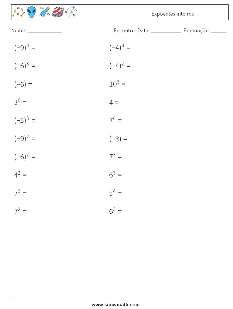 Expoentes inteiros planilhas matemáticas 9