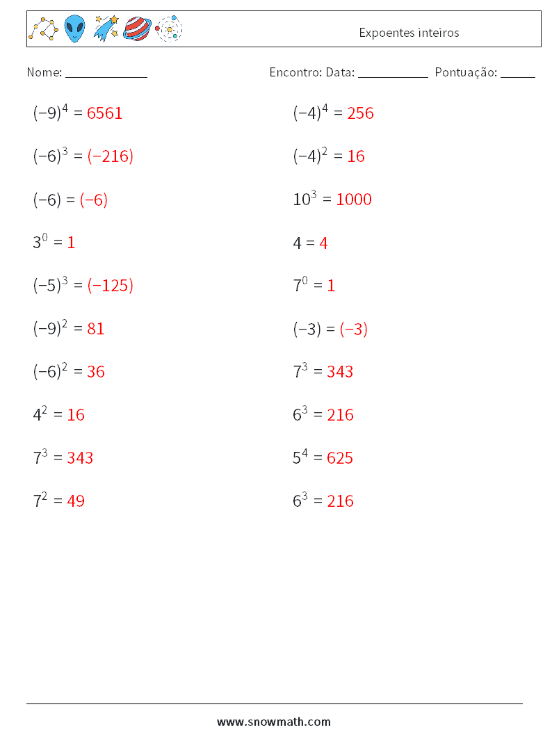 Expoentes inteiros planilhas matemáticas 9 Pergunta, Resposta