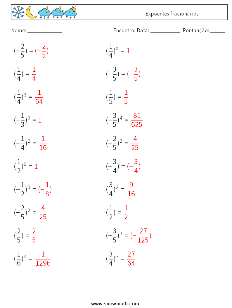 Expoentes fracionários planilhas matemáticas 1 Pergunta, Resposta