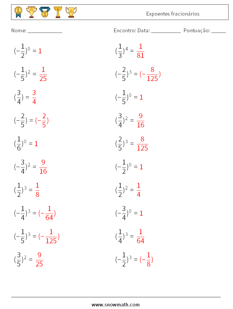 Expoentes fracionários planilhas matemáticas 2 Pergunta, Resposta