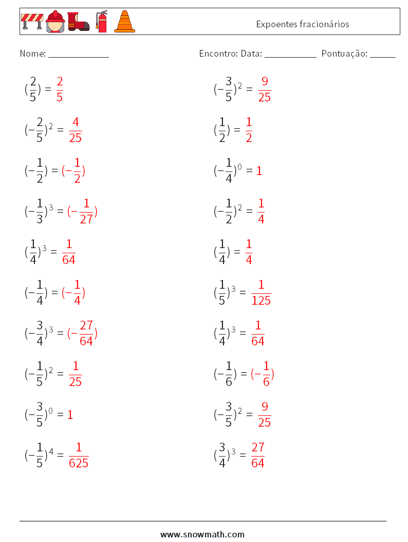 Expoentes fracionários planilhas matemáticas 3 Pergunta, Resposta