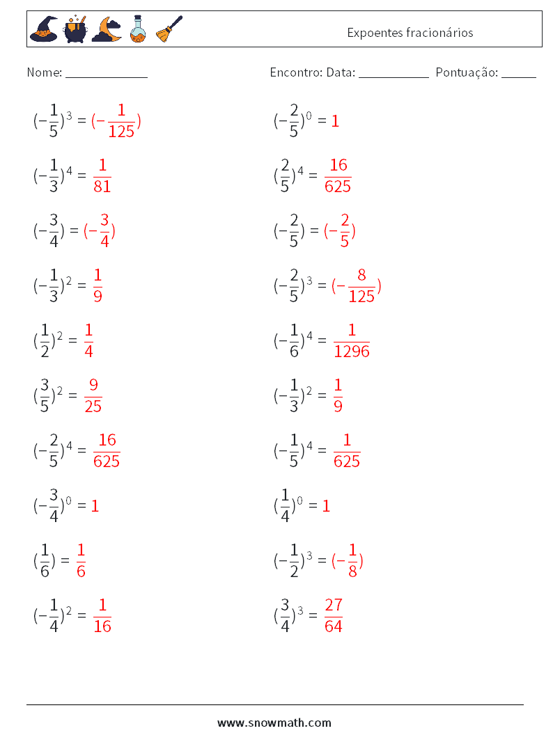 Expoentes fracionários planilhas matemáticas 4 Pergunta, Resposta