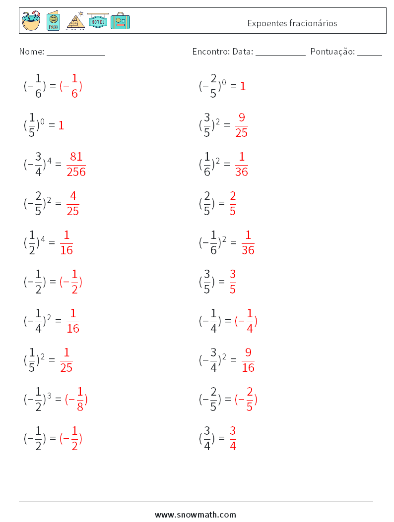 Expoentes fracionários planilhas matemáticas 5 Pergunta, Resposta