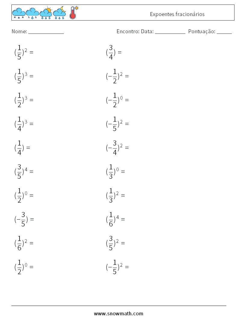 Expoentes fracionários planilhas matemáticas 6