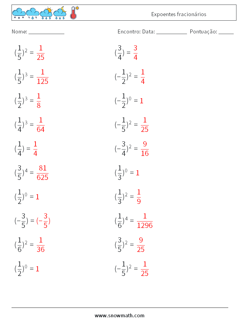 Expoentes fracionários planilhas matemáticas 6 Pergunta, Resposta