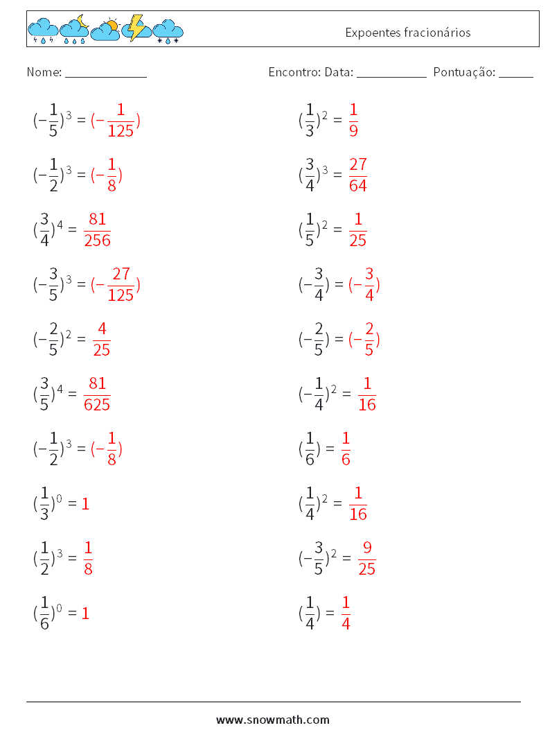 Expoentes fracionários planilhas matemáticas 8 Pergunta, Resposta