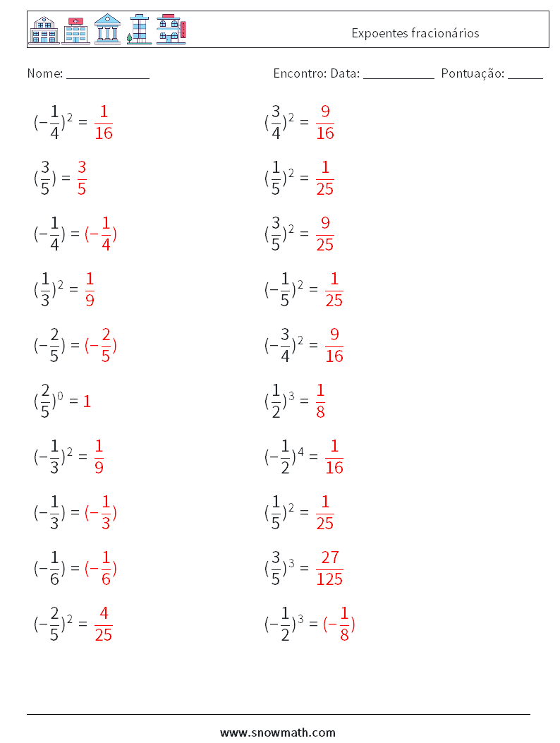 Expoentes fracionários planilhas matemáticas 9 Pergunta, Resposta