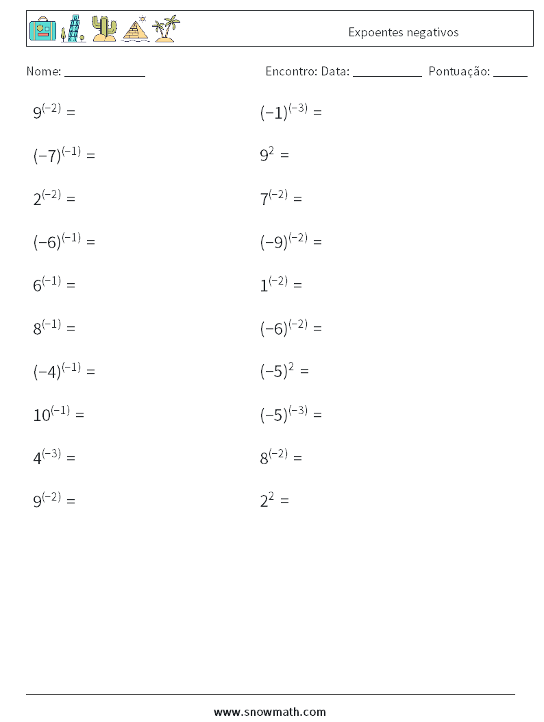  Expoentes negativos planilhas matemáticas 1