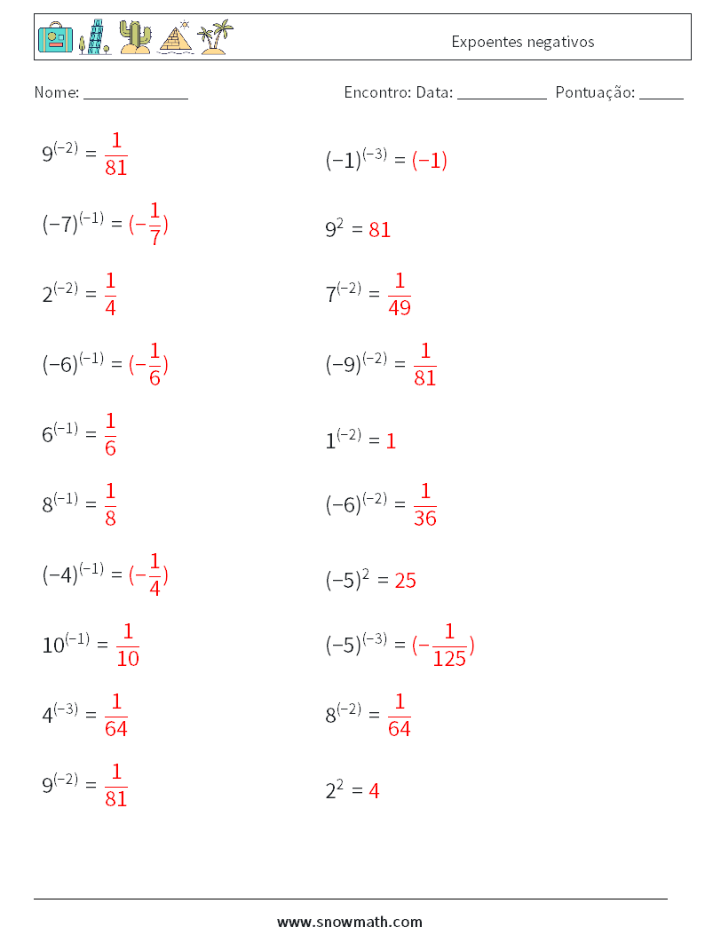  Expoentes negativos planilhas matemáticas 1 Pergunta, Resposta